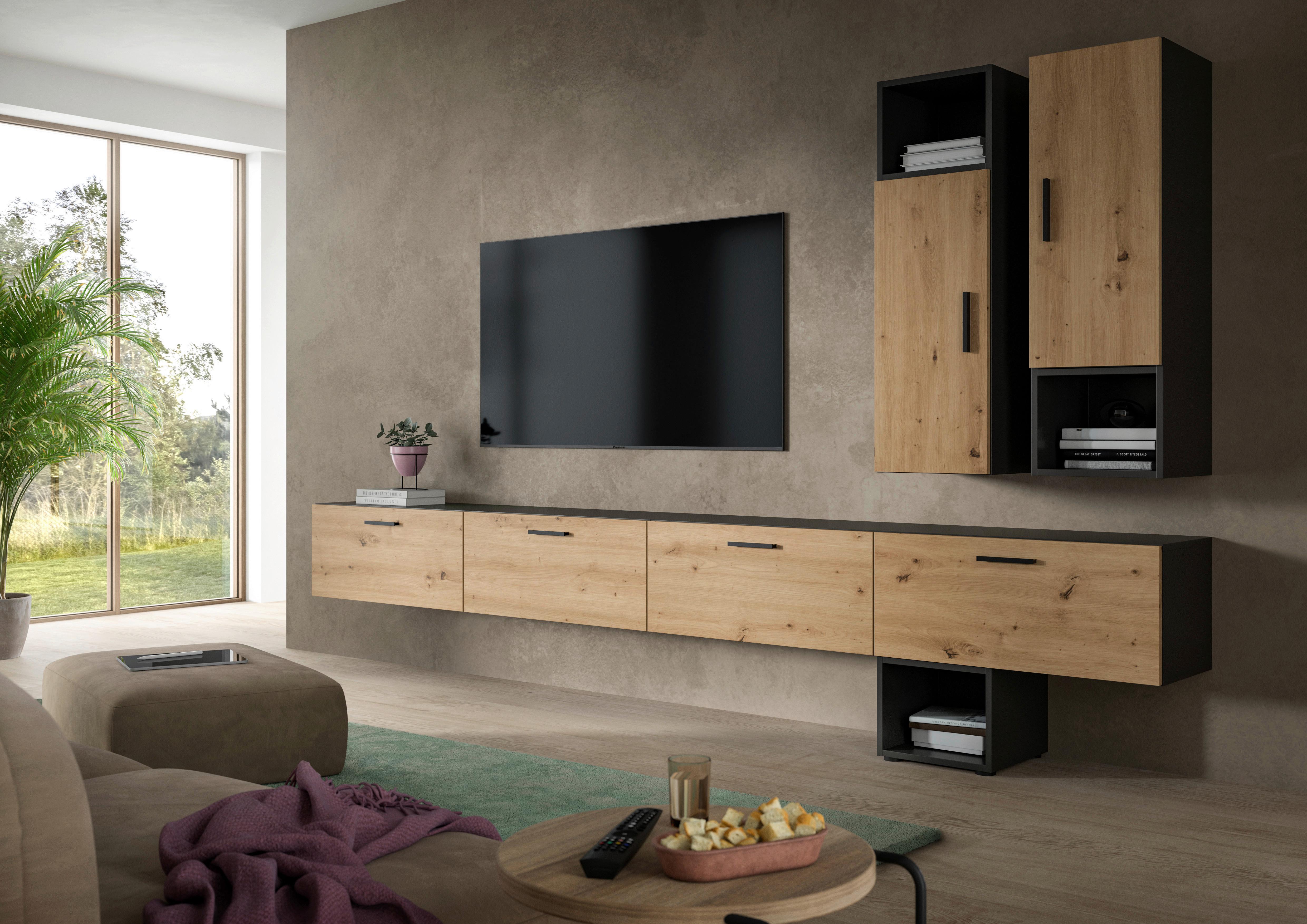 Wohnwand, The One 7, B: 300 cm Artisan Eiche Dekor/Grau - Schwarz/Eiche Artisan, Trend, Holzwerkstoff (300/178/34cm)