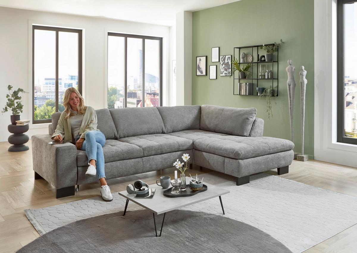 Rohová sedačka LANDO, pravá, šedá žinylka, s funkcemi - šedá/černá, Moderní, kov/textil (289/197cm) - Premium Living