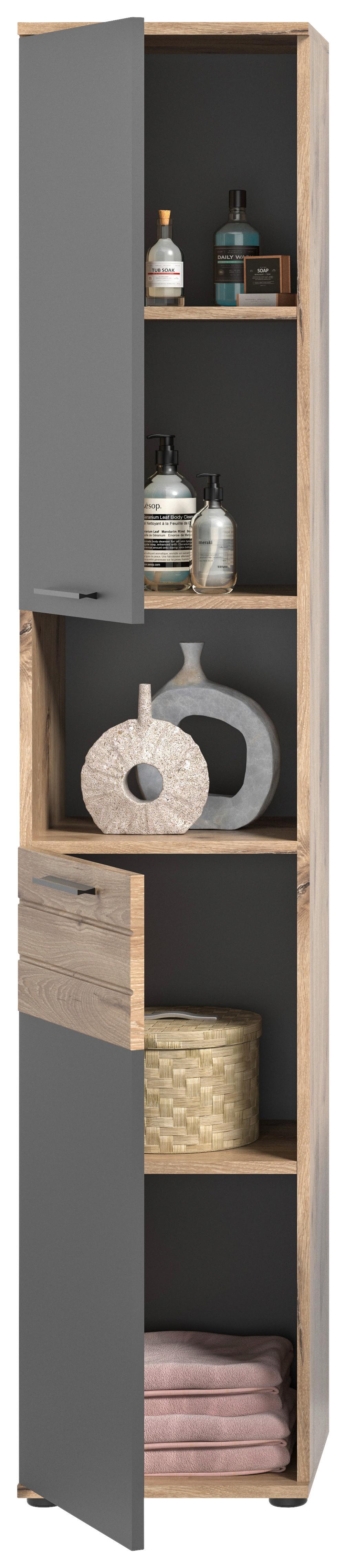 Hochschrank Badezimmer in Eiche Dekor und Grau