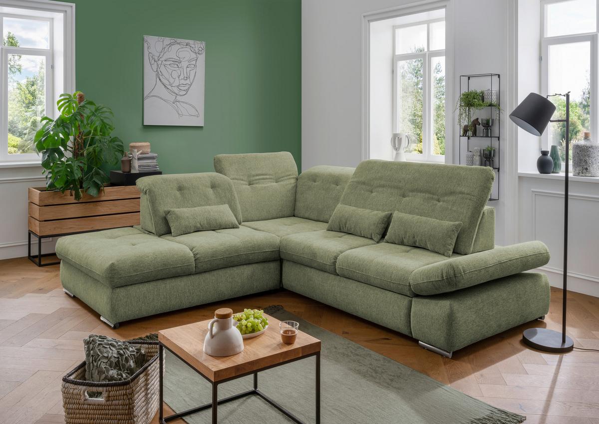Ecksofa mit Schlaffunktion Dalida Grün Chenille - Chromfarben/Grün, Design, Textil (254/280cm) - Livetastic