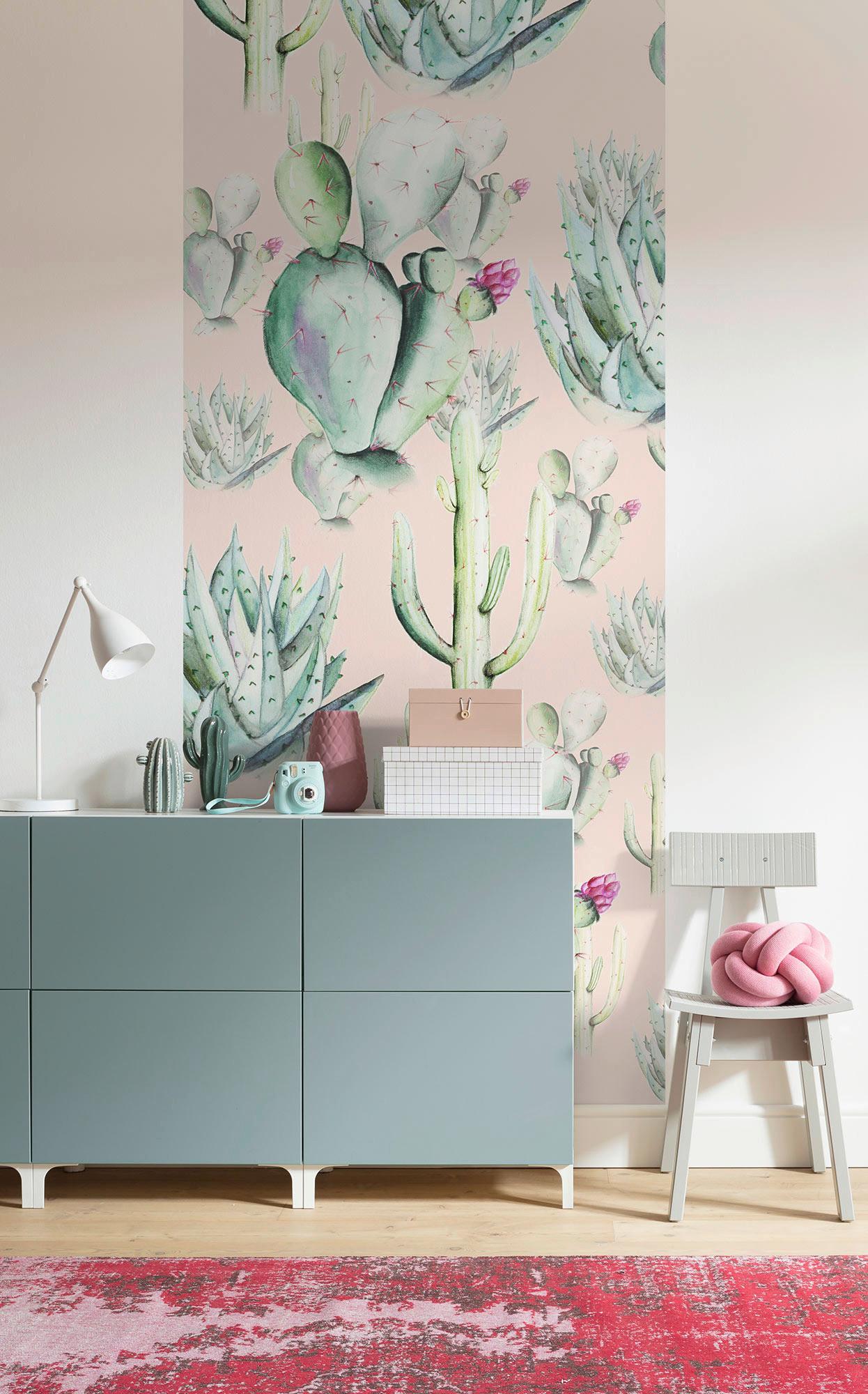 Vliestapete Cactus Rose Panel - Rosa/Grün, Basics (100/250cm) - Komar