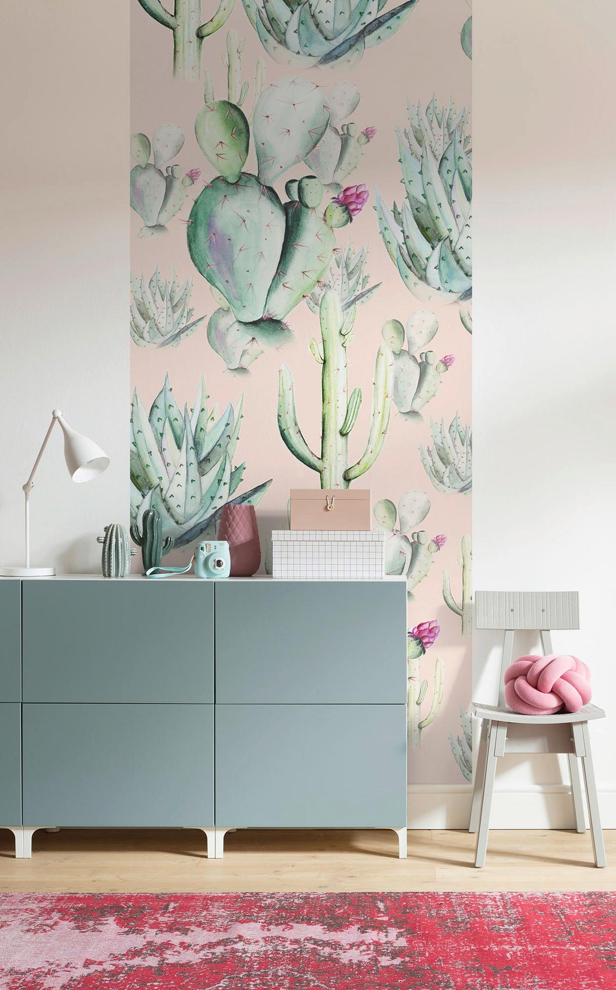 Vliestapete Cactus Rose Panel - Rosa/Grün, Basics (100/250cm) - Komar