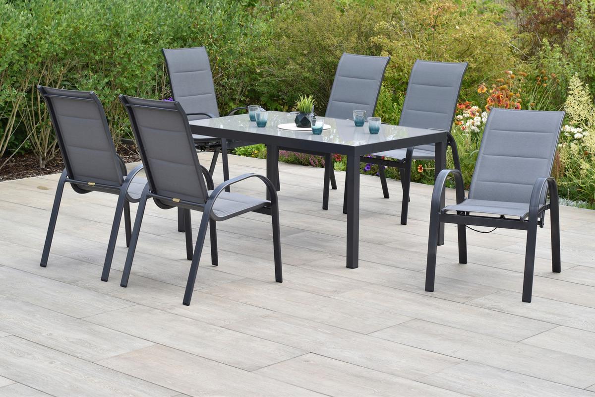 Gartentischgruppe Amalfi 7 -Teilig. Graphitfarben/Grau - Graphitfarben/Grau, KONVENTIONELL, Glas/Textil - Gardenson