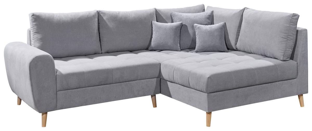 Ecksofa mit Holzfüßen + Zierkissen Alice, Webstoff - Hellgrau/Kieferfarben, KONVENTIONELL, Holzwerkstoff/Textil (249/175cm) - MID.YOU