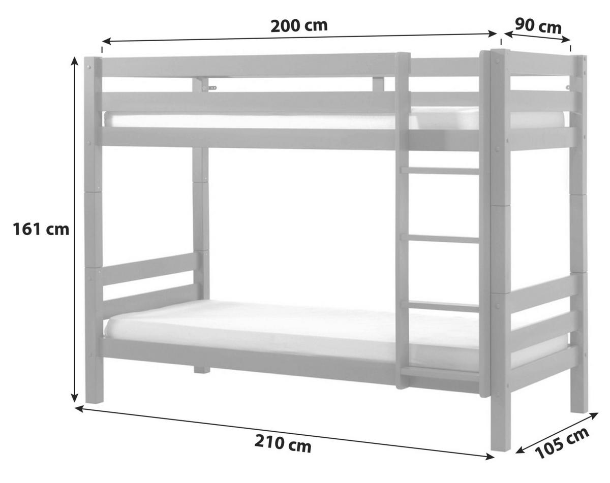 Etagenbett Pino Grau Kiefer Massiv mit Leiter - Grau/Kieferfarben, MODERN, Holz (90/200cm) - MID.YOU