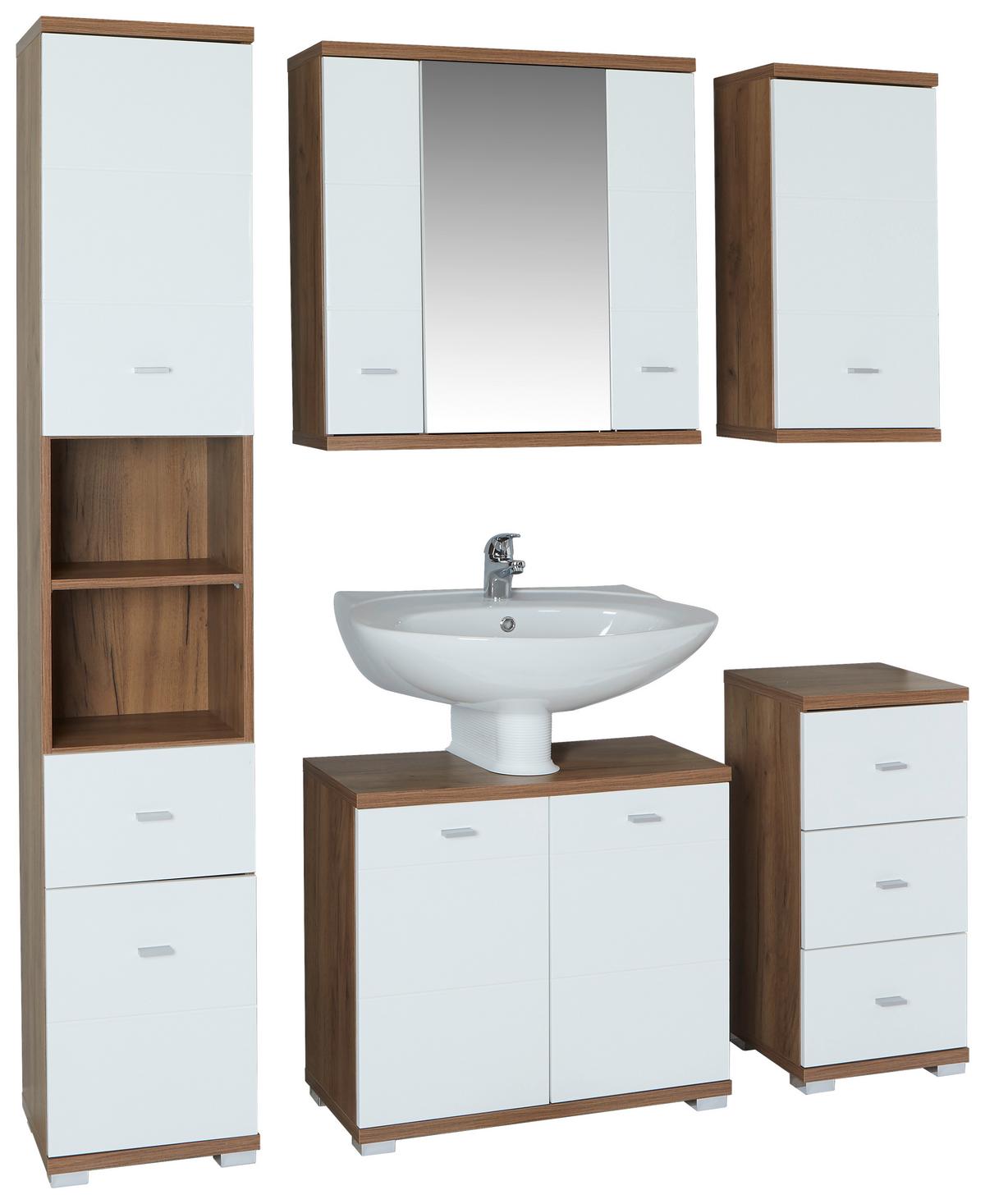 Waschbeckenunterschrank Bari B: 70cm, Weiß + Eiche Dekor - Eichefarben/Alufarben, KONVENTIONELL, Holzwerkstoff/Kunststoff (70/60/32cm)