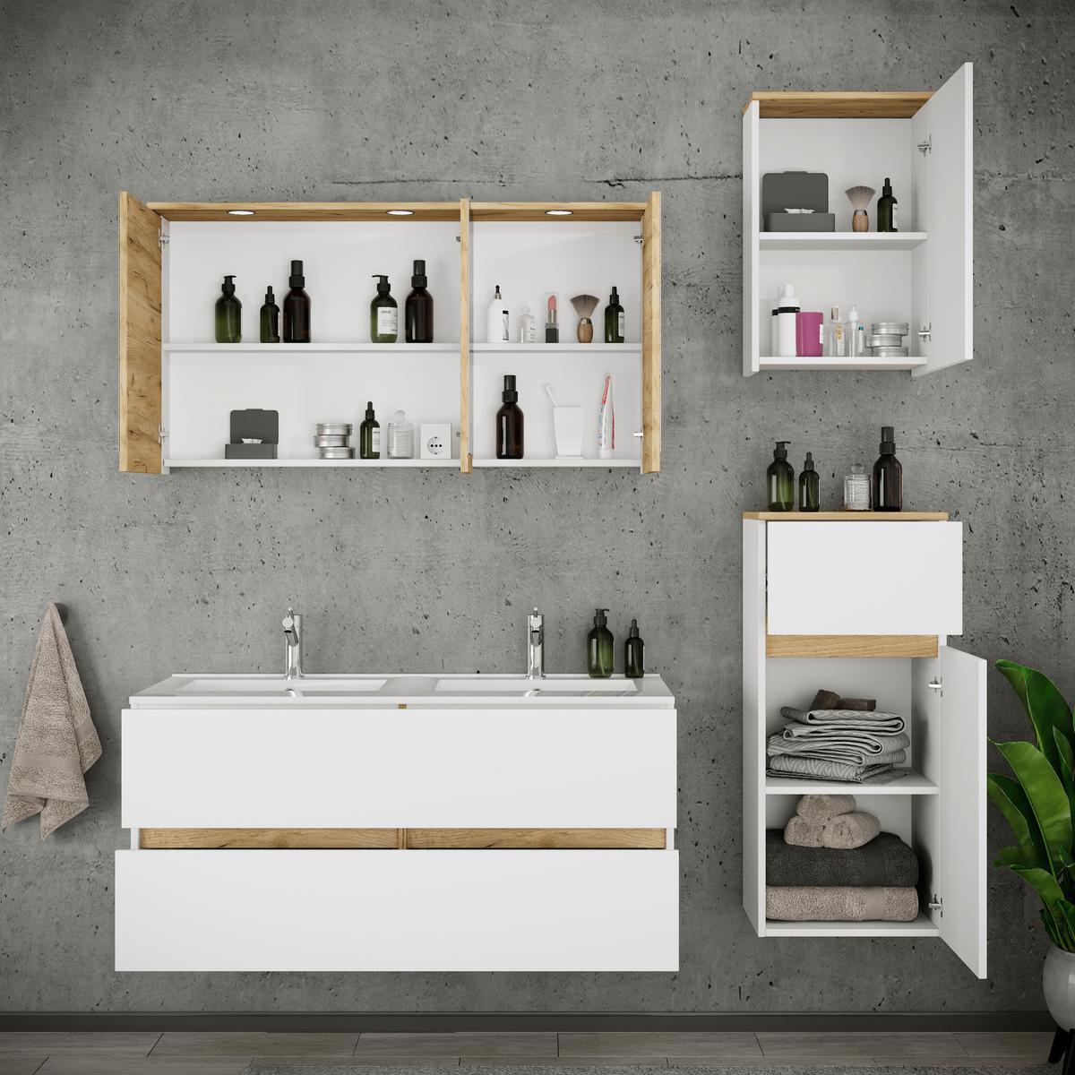 Fürdőszobabútor Cosila - méztölgy színű/fehér, Trend, faalapú anyag/kerámia (152cm) - MID.YOU
