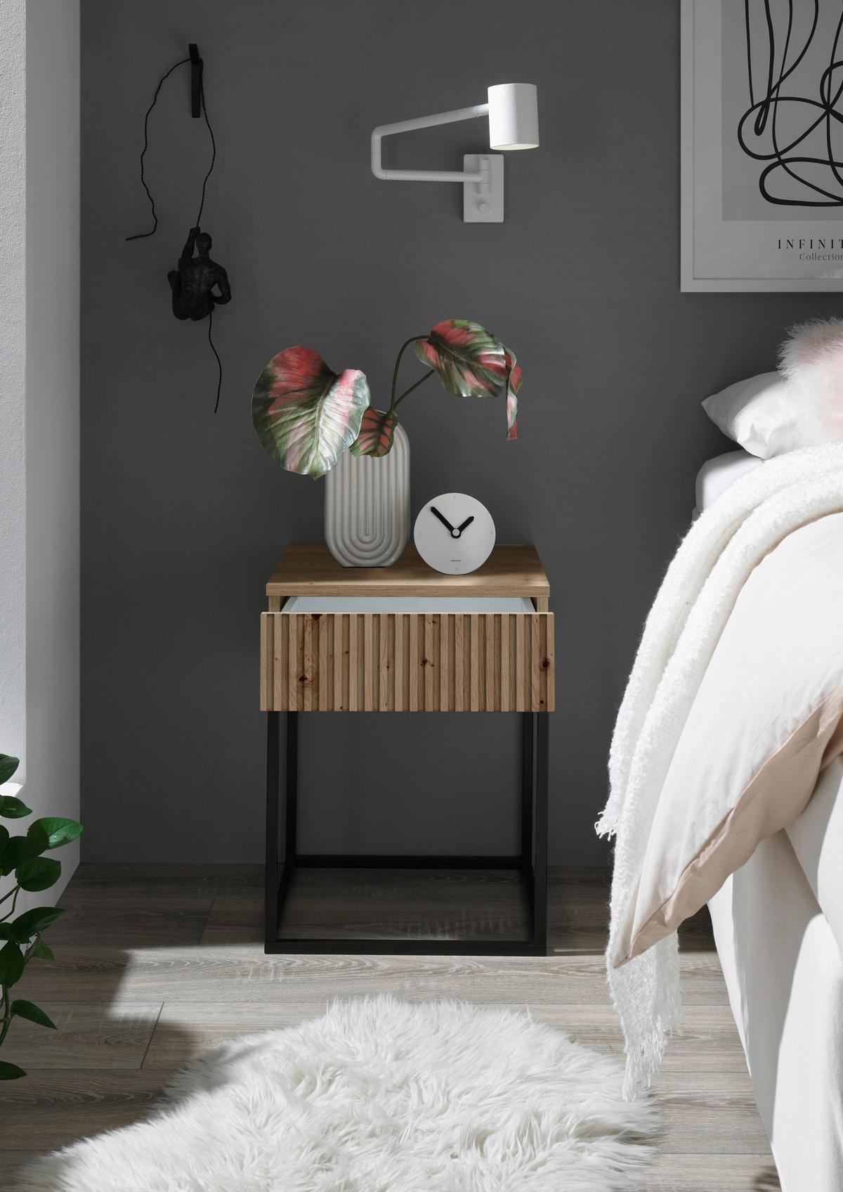 Noční stolek MARLE dub Artisan - černá/dub artisan, Moderní, kov/kompozitní dřevo (40/52cm) - Livetastic