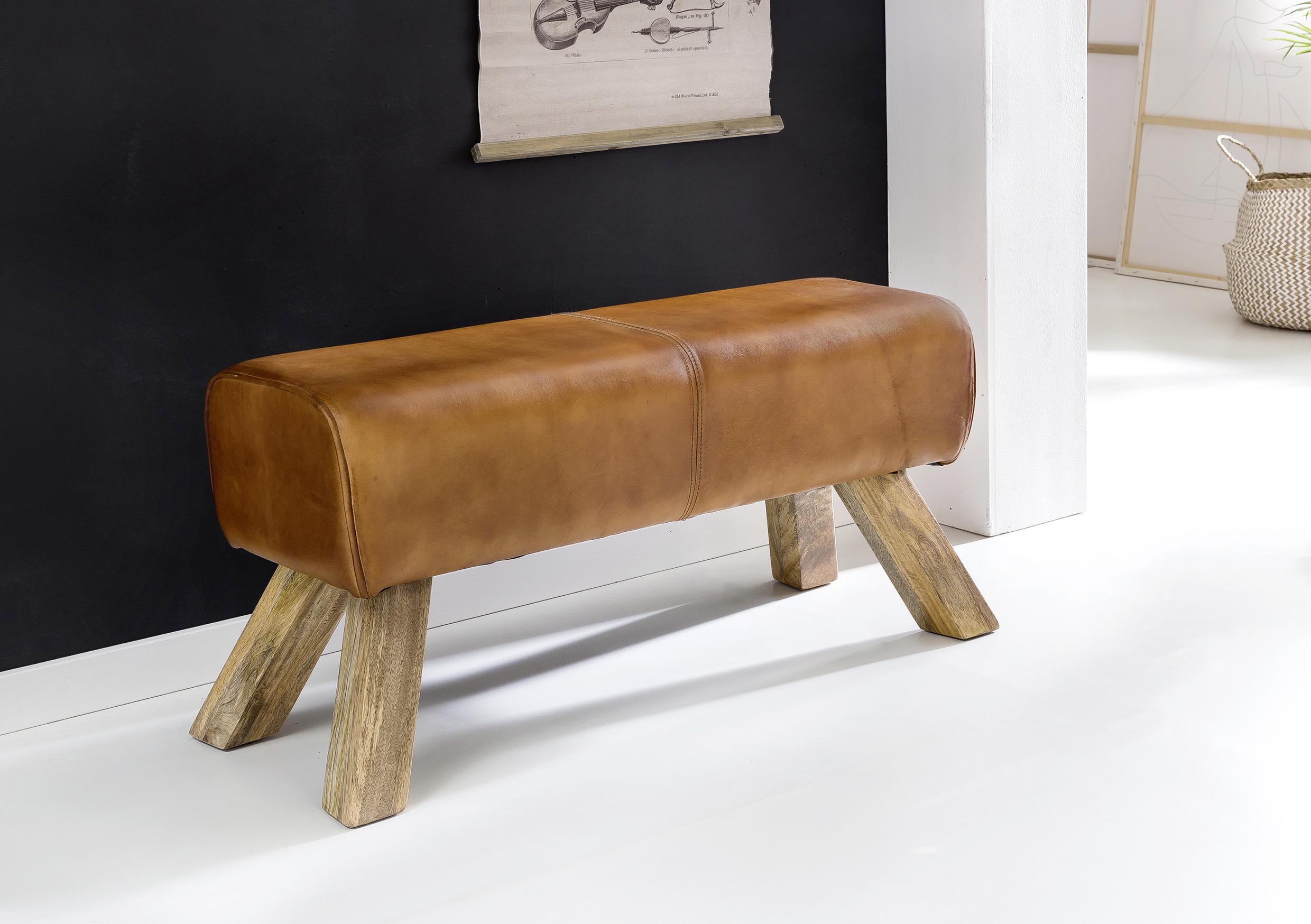 Taburetka Hocker pravá koža - hnedá, Natur, koža/drevo (90/43/30cm) - MID.YOU