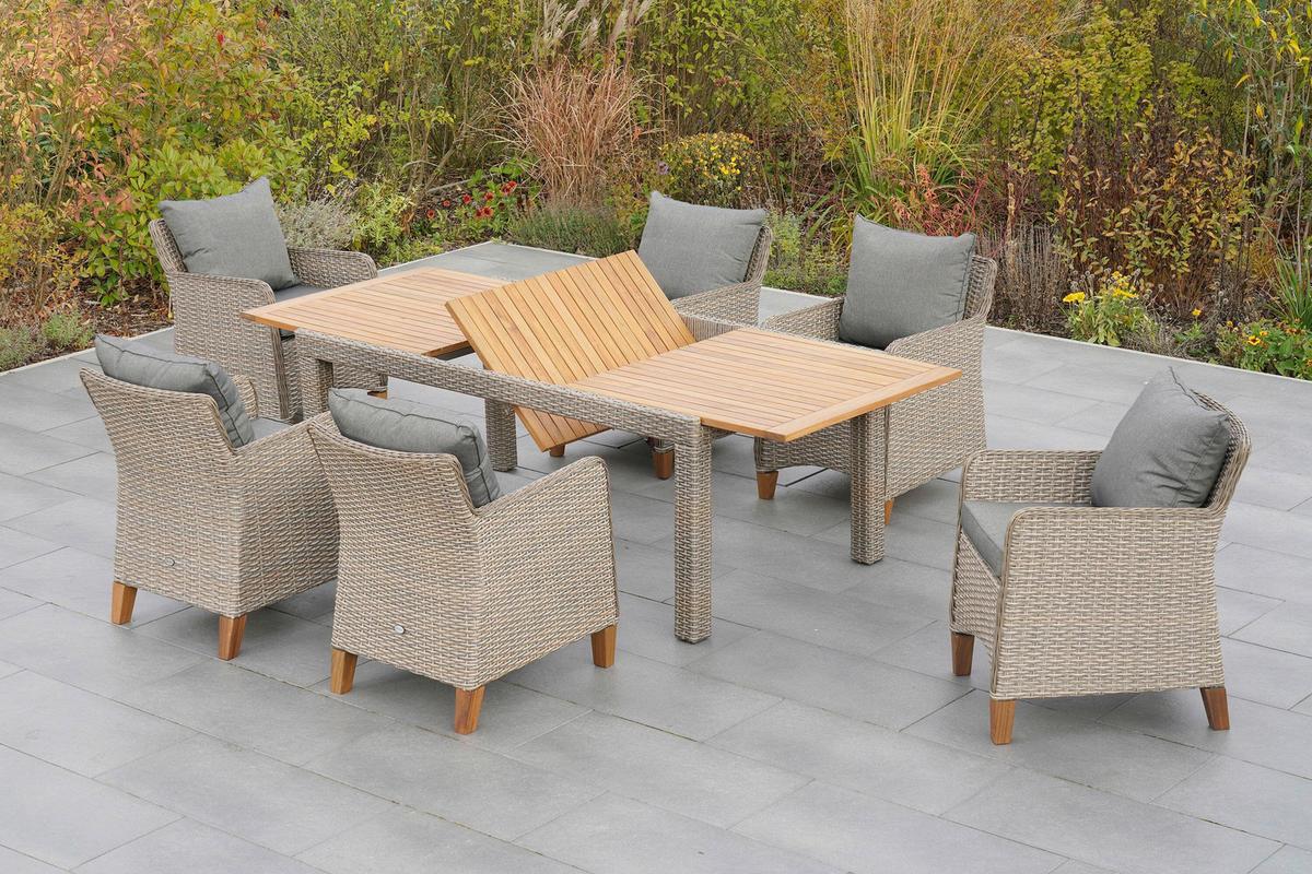 Gartentischgruppe Avellino 7--Teilig. Aus Akazie - Beige/Beigebraun, KONVENTIONELL, Holz/Kunststoff - Gardenson