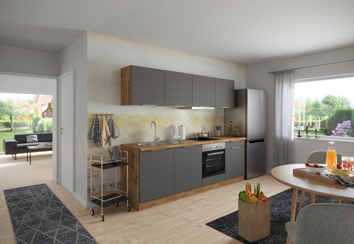 Küchenzeile Florenz Mit Geräten 240cm Grau/eichef. - Eiche Wotan/Weiß, Design, Holzwerkstoff (240cm) - Held