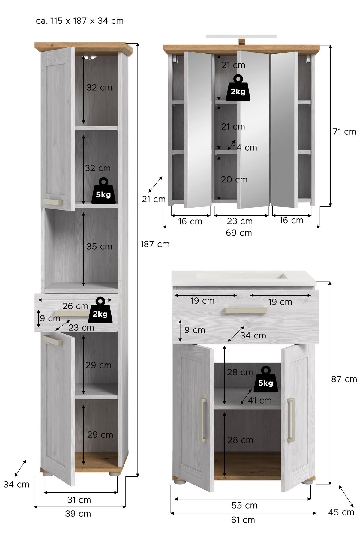 Badezimmer Verona Eiche Dekor /Lärchefarben B: 108cm - Silberfarben/Lärchefarben, Trend, Glas/Keramik (108cm) - MID.YOU