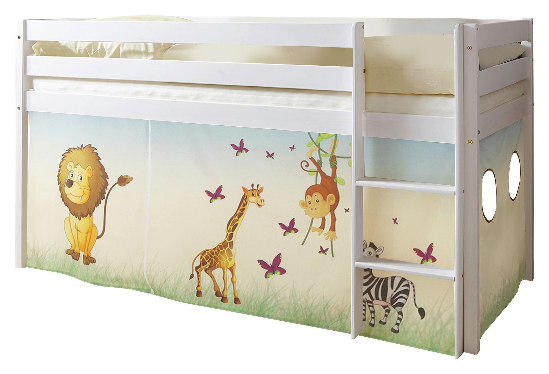 Kinderbett Malte 90x200cm Holz massiv Weiß/Safari mit Vorhang