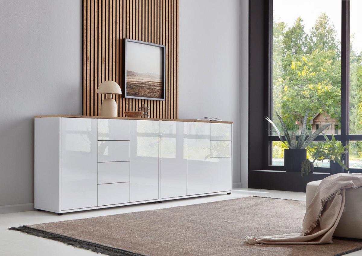 Sideboard Mailand Weiß/Eiche Artisan B: 211 cm - Weiß Hochglanz/Schwarz, MODERN, Holzwerkstoff (211/73/33cm) - MID.YOU