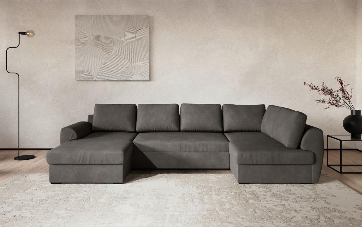 Wohnlandschaft m. Bettfunktion Mirkrofaser grau, B: 327cm - Schwarz/Grau, Trend, Textil (154/327/86cm) - MID.YOU