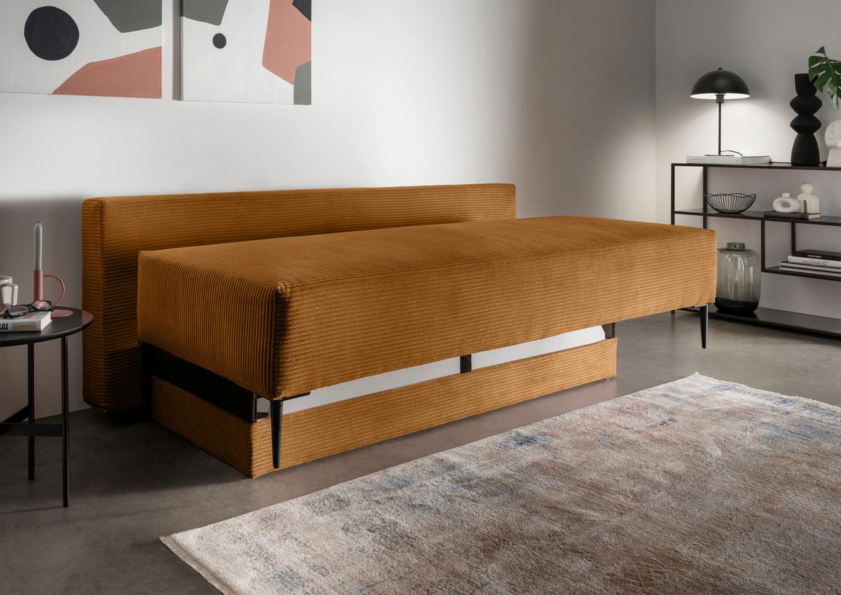 Schlafsofa Petri Goldfarben Cord, Rücken Echt B: 198 cm - Goldfarben/Schwarz, MODERN, Textil (198/90/100cm) - Livetastic