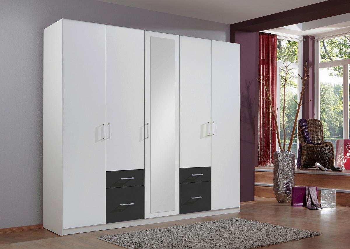 Drehtürenschrank Mit Spiegel + Laden 225cm Fly, Weiß/Graphit - Graphitfarben/Weiß, Design, Glas/Holzwerkstoff (225/210/58cm) - MID.YOU