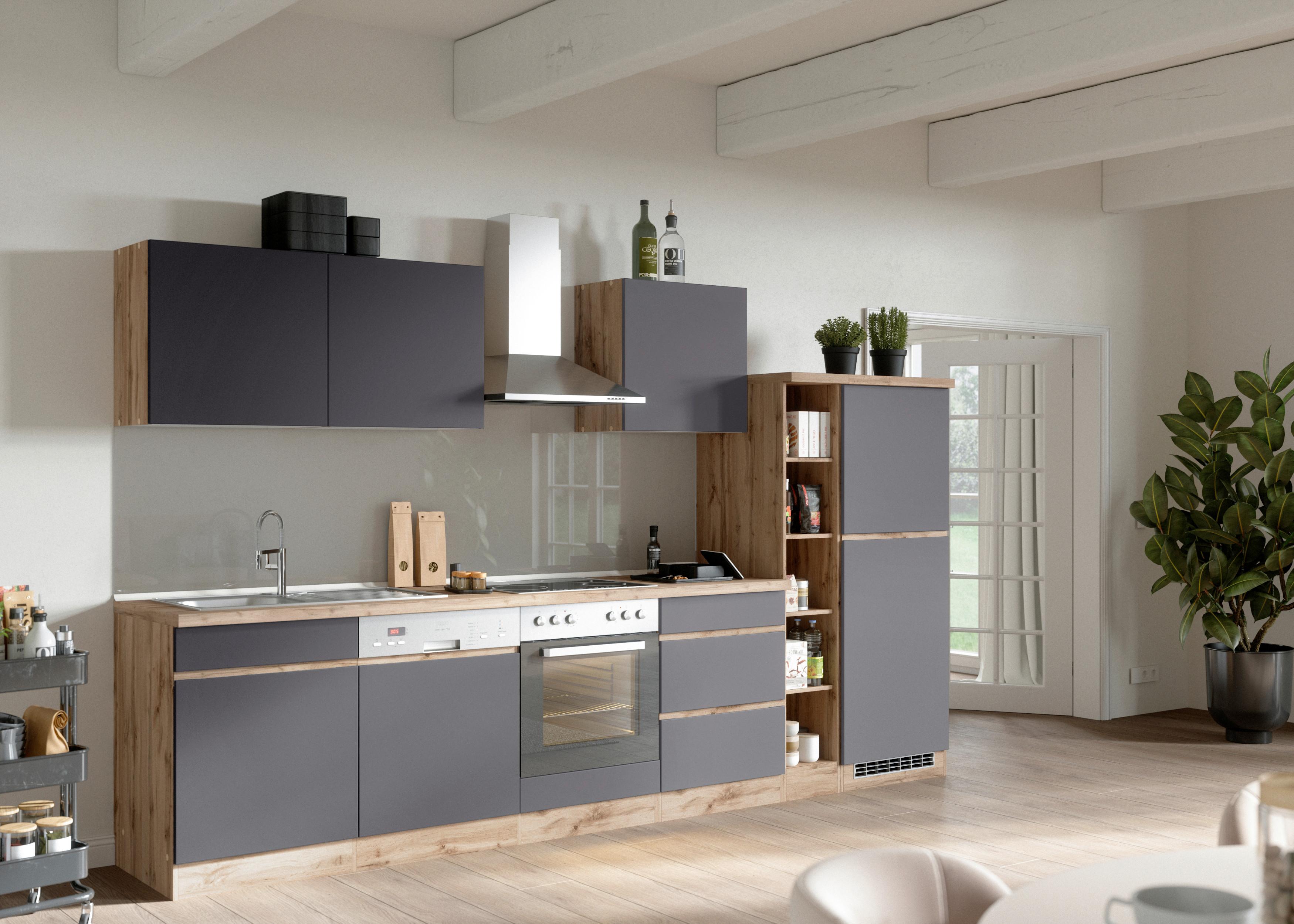 Küchenzeile Turin ohne Geräte B: 330cm Grau/Wotaneiche Dekor - Eiche Wotan/Grau, Design, Holzwerkstoff (330cm) - Held