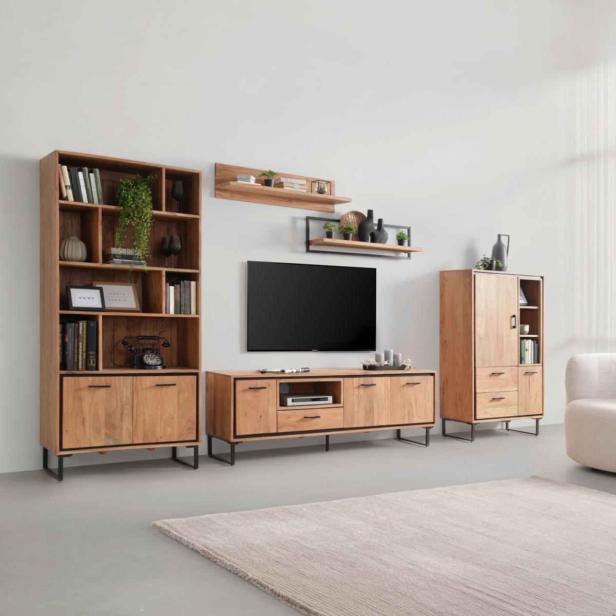 Regál SHIVA SHIVA - černá/barvy akácie, Moderní, kov/dřevo (88/195/40cm)