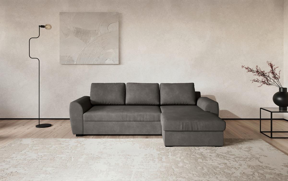 Ecksofa mit Bettfunktion Mikrofaser grau, B: 253cm - Schwarz/Grau, Trend, Textil (253/154cm) - MID.YOU
