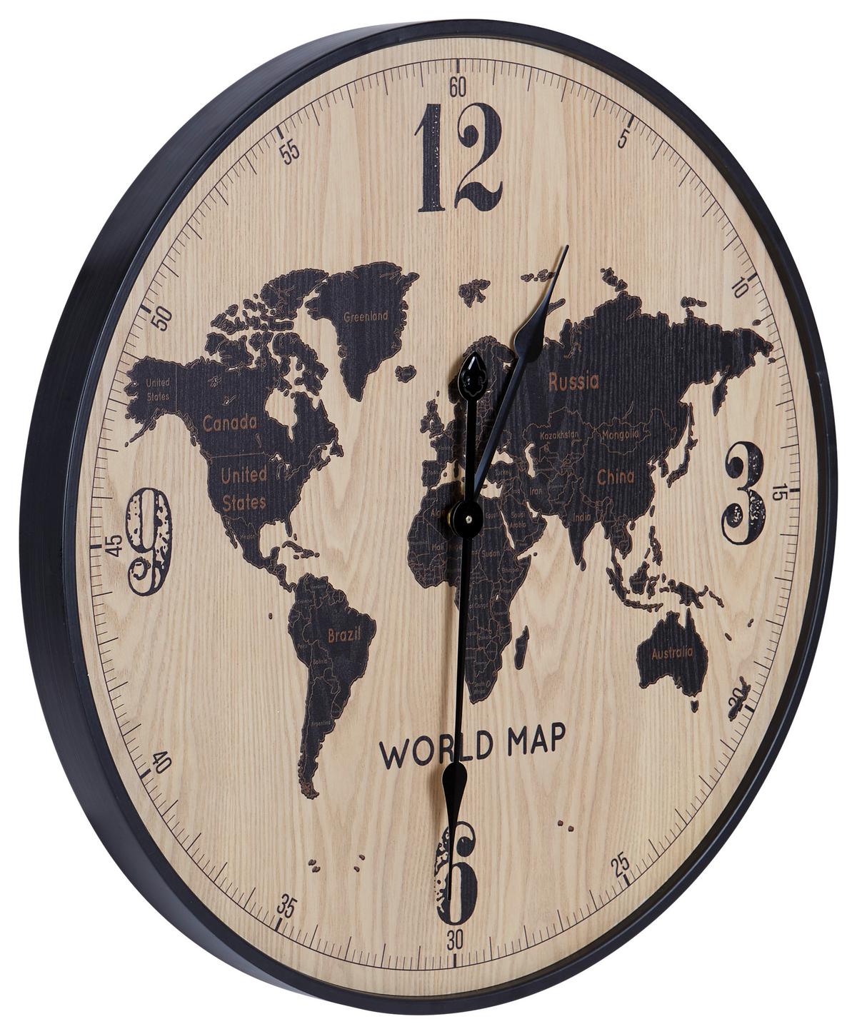 Wanduhr Aras Ø 60 cm Analog Natur/Schwarz Eisen Weltkarte - Schwarz, Basics, Holzwerkstoff/Metall (60cm) - Luca Bessoni