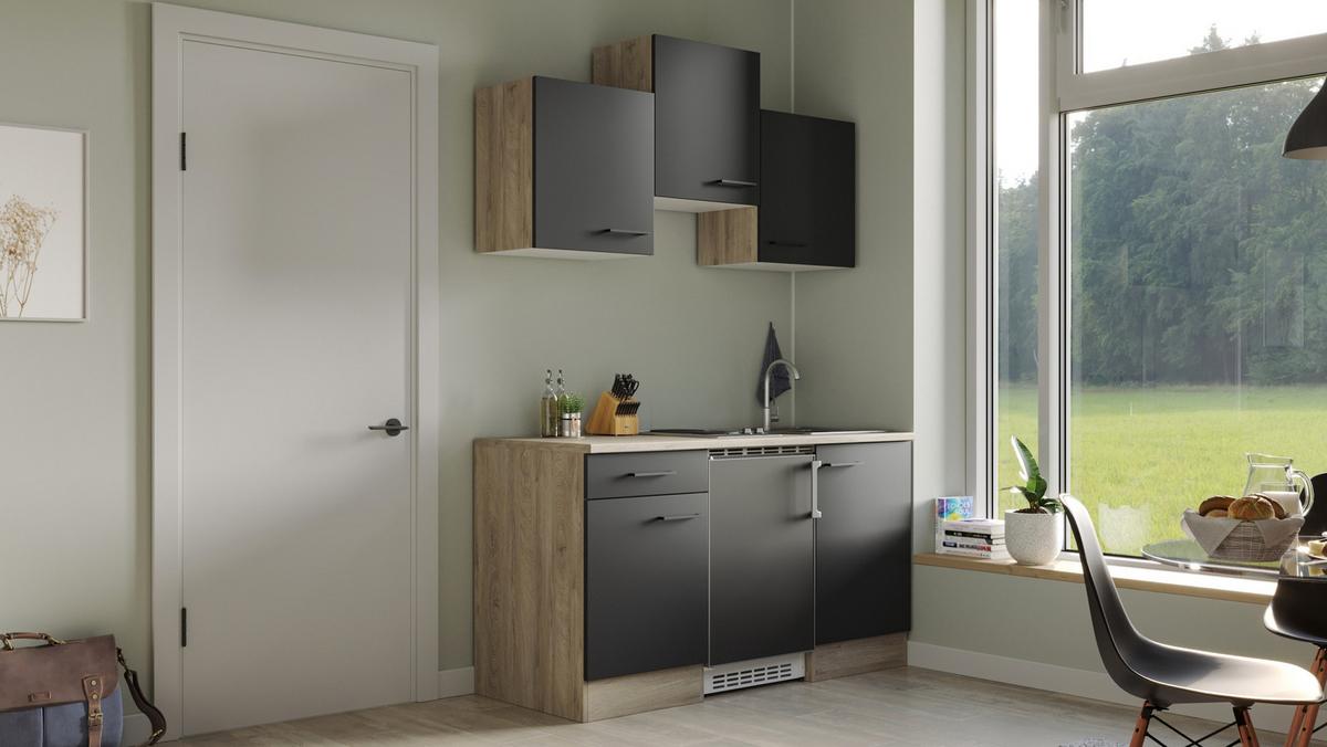 Miniküche Capri Eiche/schwarz B: 150,5 Cm - Eichefarben/Schwarz, Basics, Holzwerkstoff (150,5cm) - FlexWell
