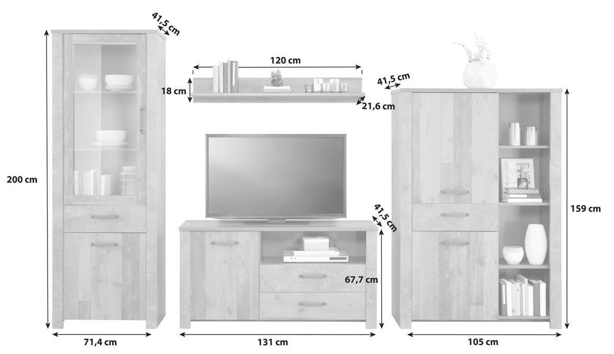 Wohnkombination 4 Tlg. Ontario, Old Style/betonoptik - Trend (307,4/200/41,5cm) - Ondega