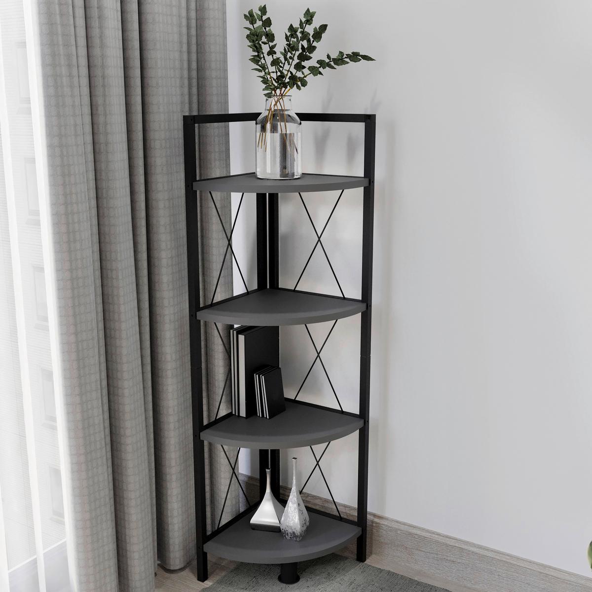 Eckregal Insasi Schwarz Anthrazit - Anthrazit/Schwarz, Design, Holzwerkstoff/Metall (34/123/34cm) - MID.YOU