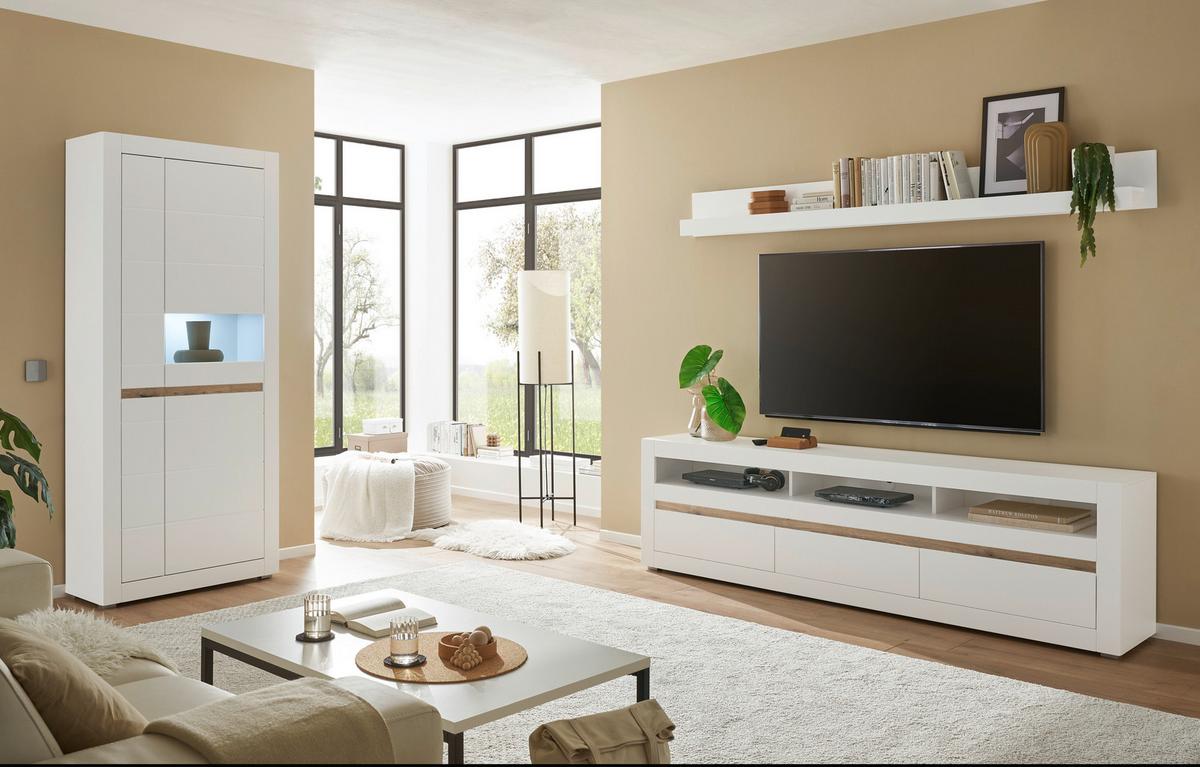 Wohnwand Chester Weiß/Eichefarben B: 312cm - Eichefarben/Silberfarben, Design, Holzwerkstoff (312/198/42cm) - MID.YOU