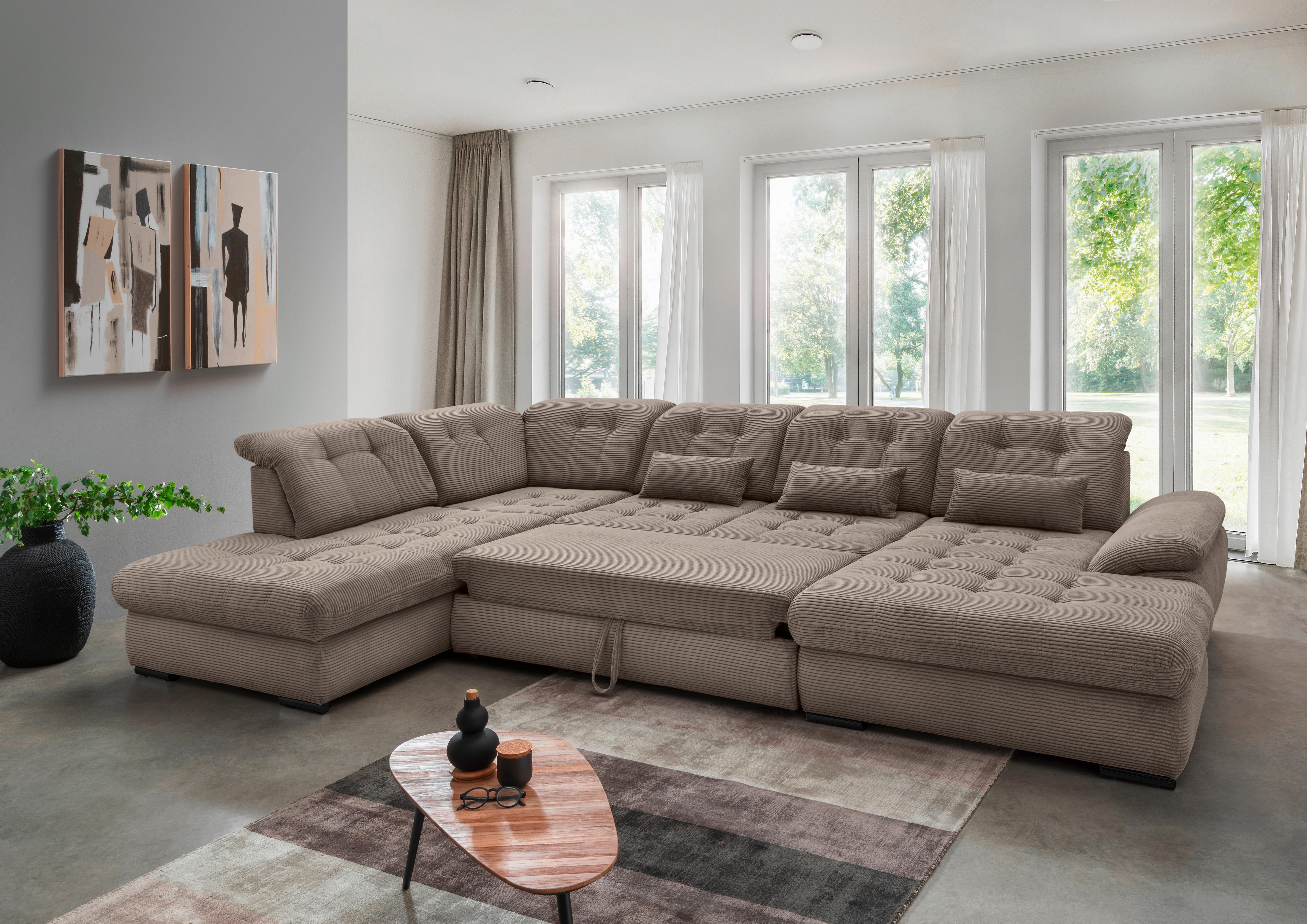 Wohnlandschaft mit Bettkasten Rigatti Graubraun B: 387 cm - Graubraun/Schwarz, MODERN, Textil (252/387/184cm) - Livetastic