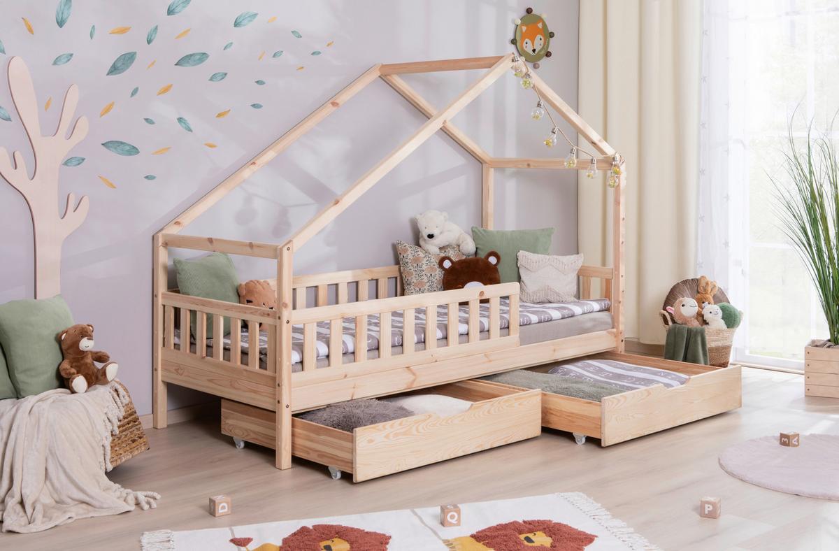 Hausbett Lou Bettschublade Naturfarben B: 100 Cm - Naturfarben/Weiß, MODERN, Holz/Textil (100/200cm) - MID.YOU