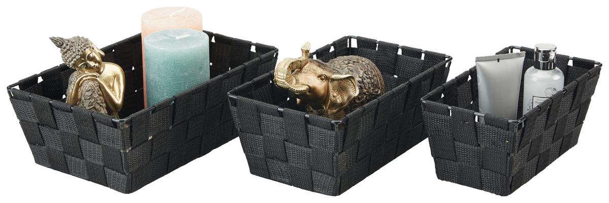 Aufbewahrungskorb Gesa 3tlg. Schwarz Geflochten - Schwarz, KONVENTIONELL, Kunststoff/Metall - Ondega