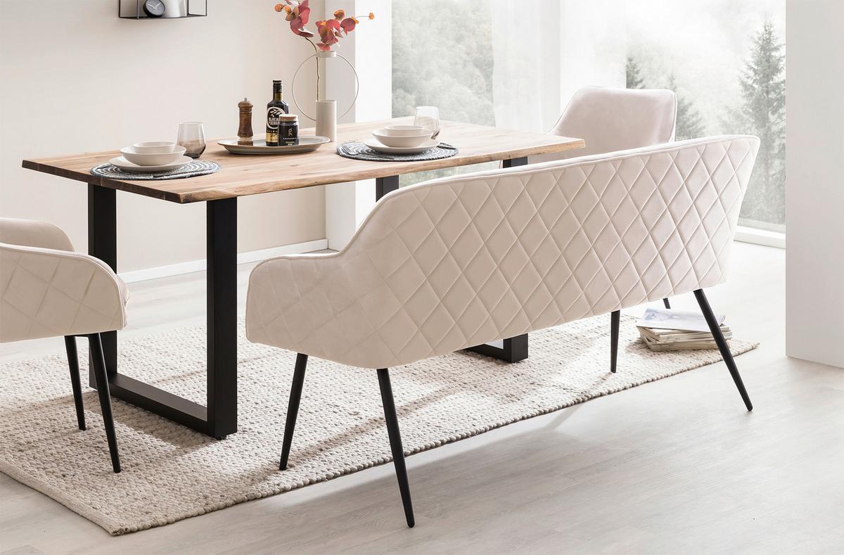 Tischgruppe Akazie Massiv/creme 6--Teilig. - Creme/Naturfarben, MODERN, Holz/Textil (240/110/76,5cm) - Livetastic