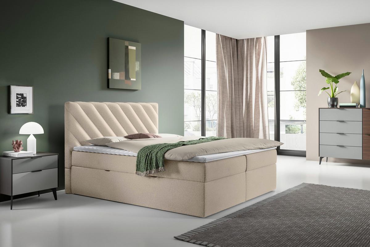 Boxspringbett mit Topper Beige 180x200 cm Gusto - Beige/Schwarz, MODERN, Textil (180/200cm) - MID.YOU