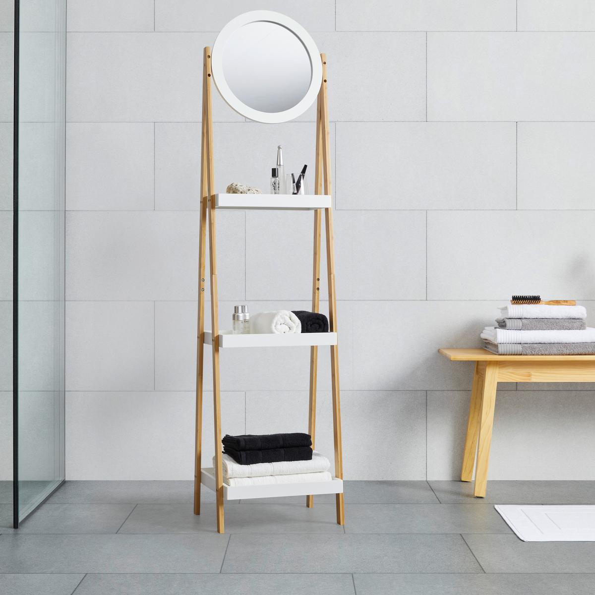 Regál se zrcadlem Mirela - bambus - bílá/přírodní barvy, Moderní, kompozitní dřevo/přírodní materiály (43/172/40cm) - Bessagi Home