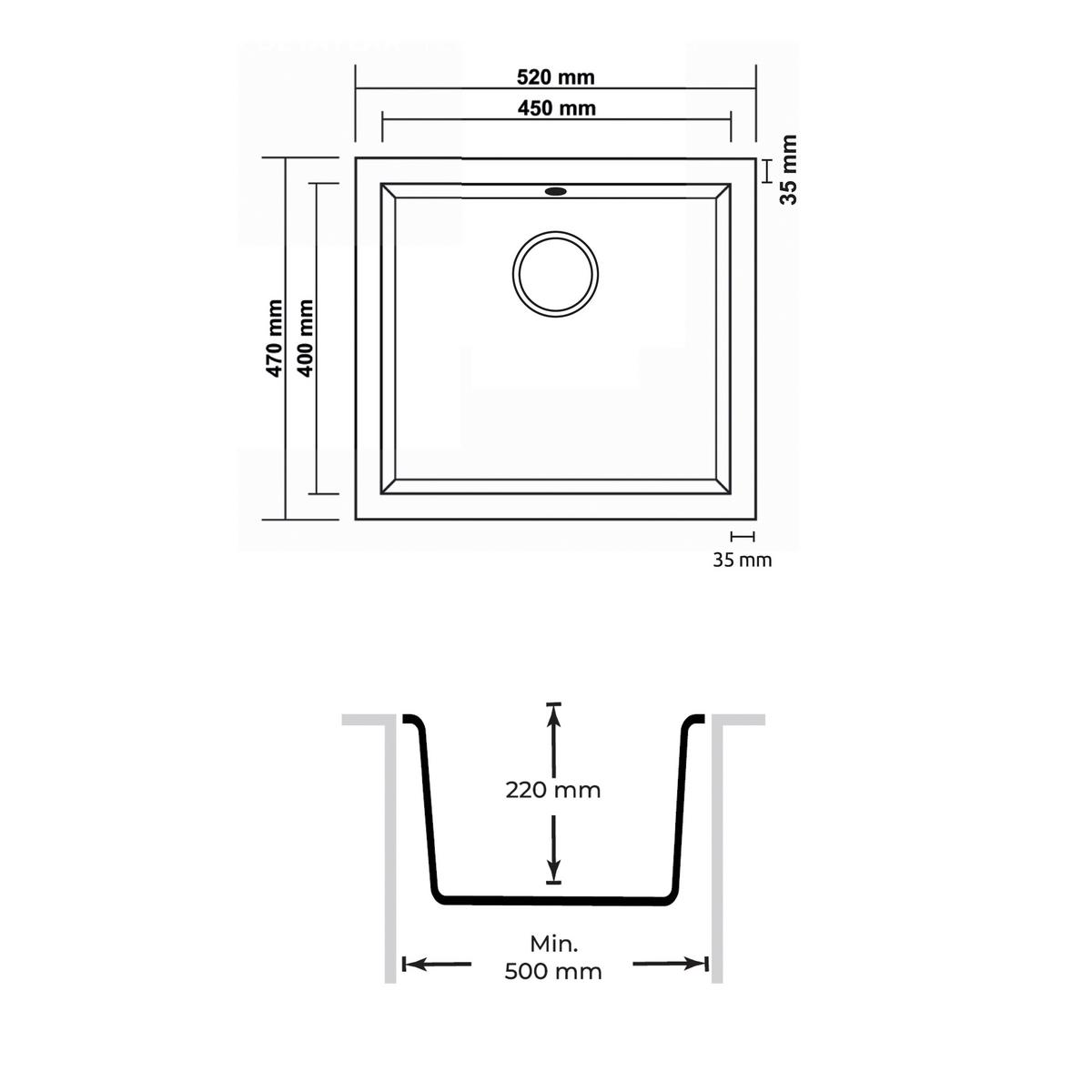 SPÜLE Nelson, Schwarz B: 52 cm - Schwarz, Trend, Stein (52/22/47cm) - Respekta