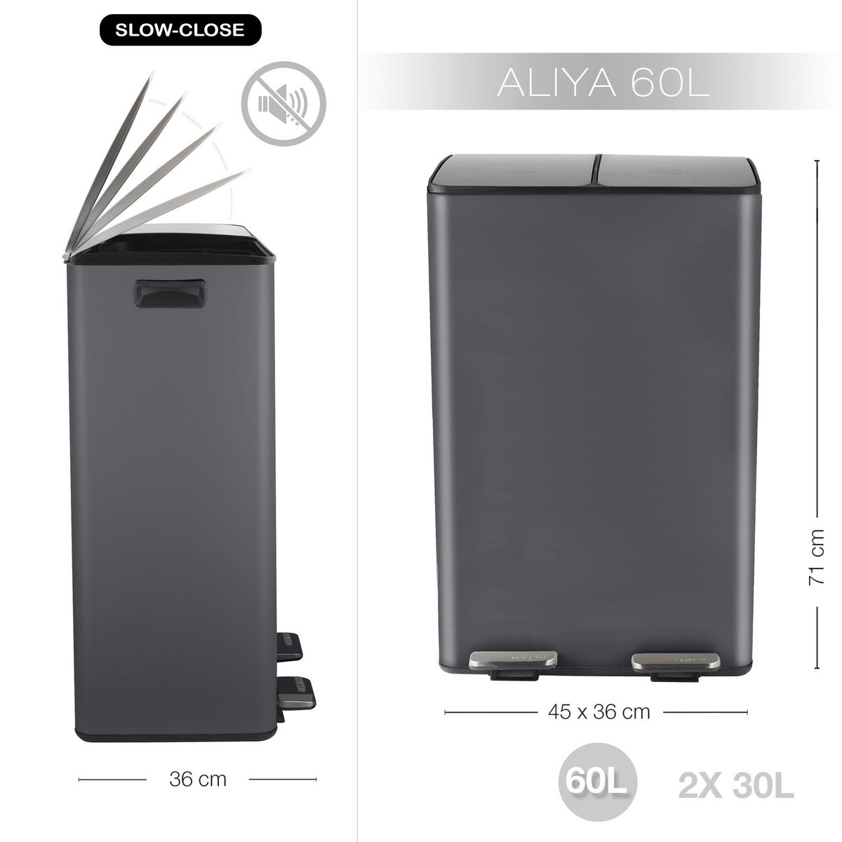 Treteimer Aliya 60l Dunkelgrau Metall Lbh: 45x30x71 Cm - Dunkelgrau/Schwarz, Basics, Kunststoff/Metall (45/30/71cm) - Spirella