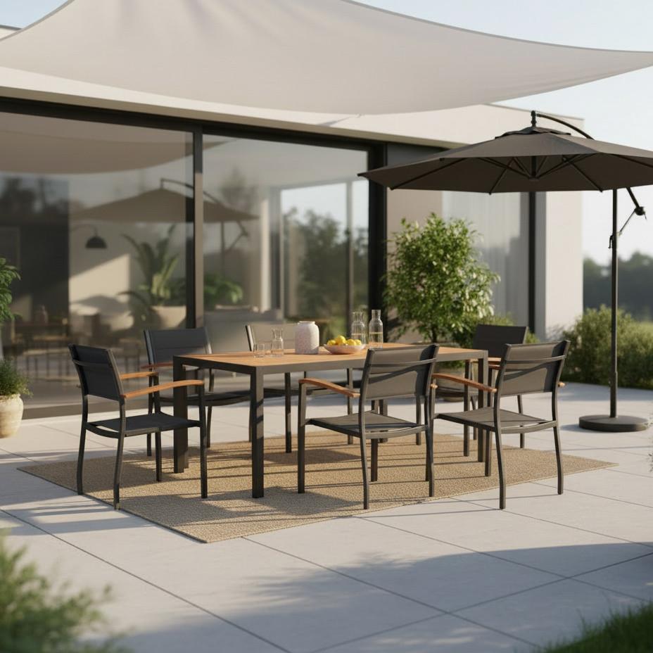 Gartenmöbel Set 7-tlg. Paxos Aluminium/akazie - Graphitfarben/Naturfarben, MODERN, Holz/Textil - Gardenson