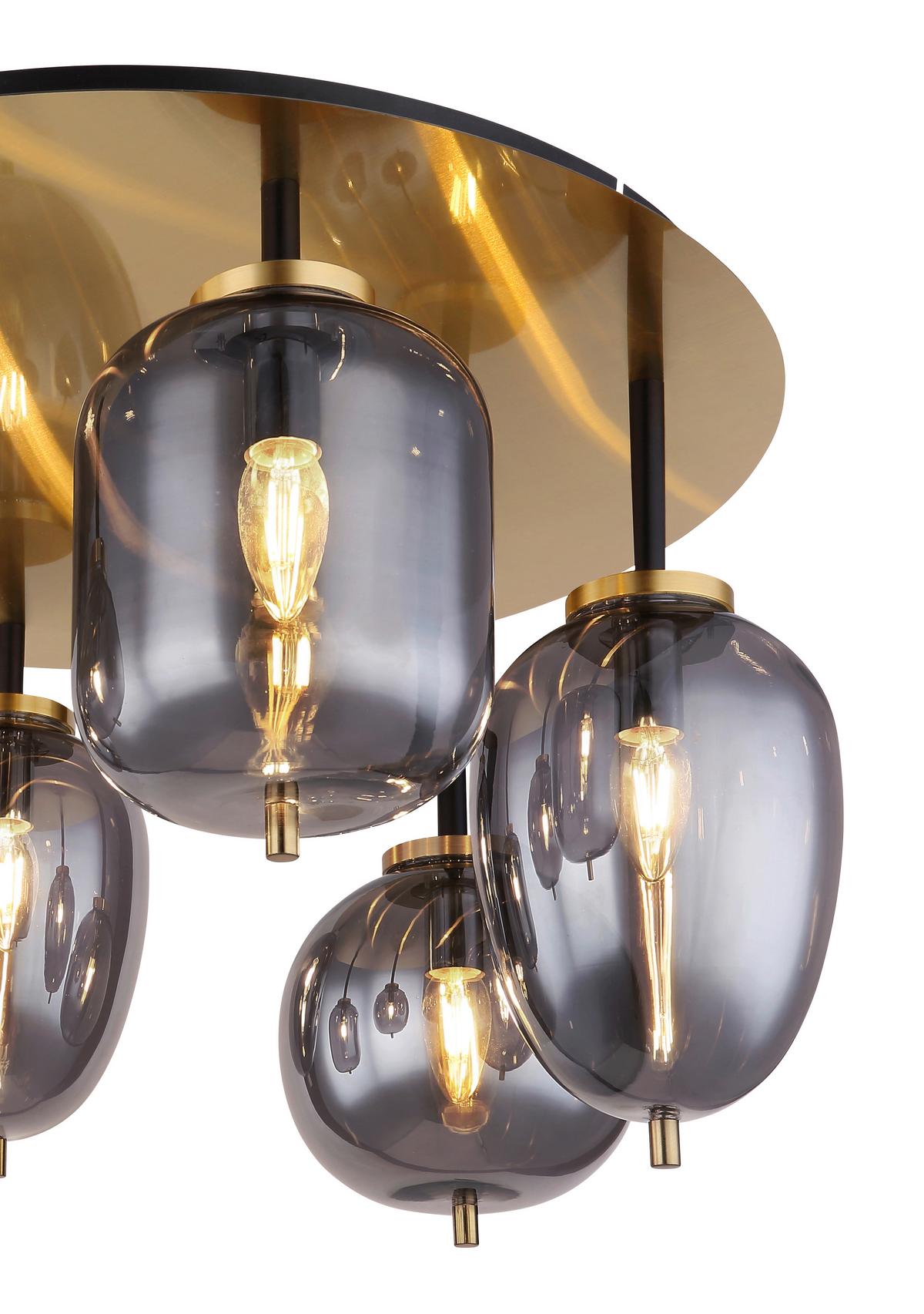 Deckenleuchte Ø 65 cm 6-Flammig Rauchglas - Messingfarben, Design, Glas/Metall (65/38cm) - Globo
