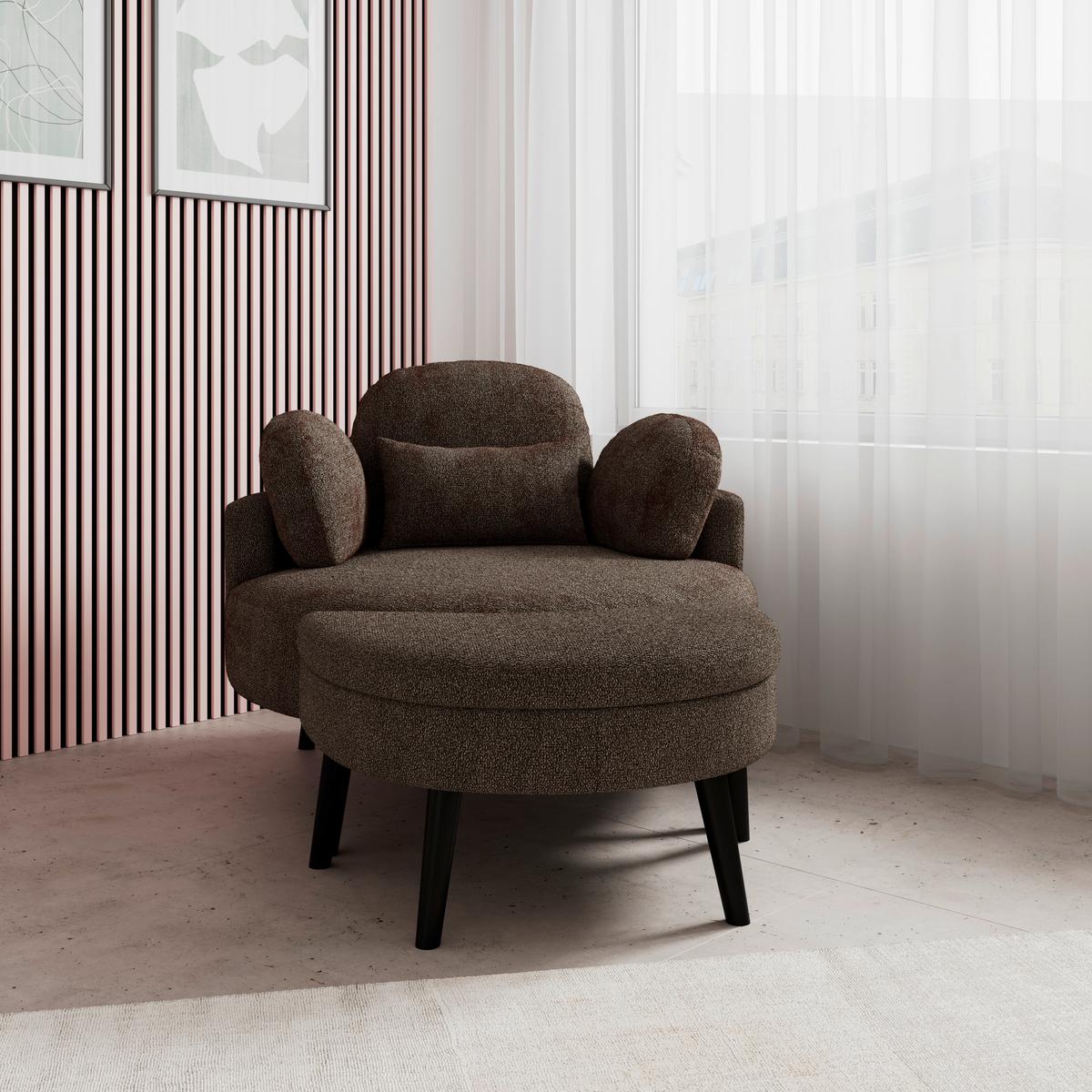 Křeslo s taburetem BIANCA, hnědá žinylka, max. 150 kg - přírodní barvy/hnědá, Moderní, dřevo/textil (111/69/152cm) - Bessagi Home