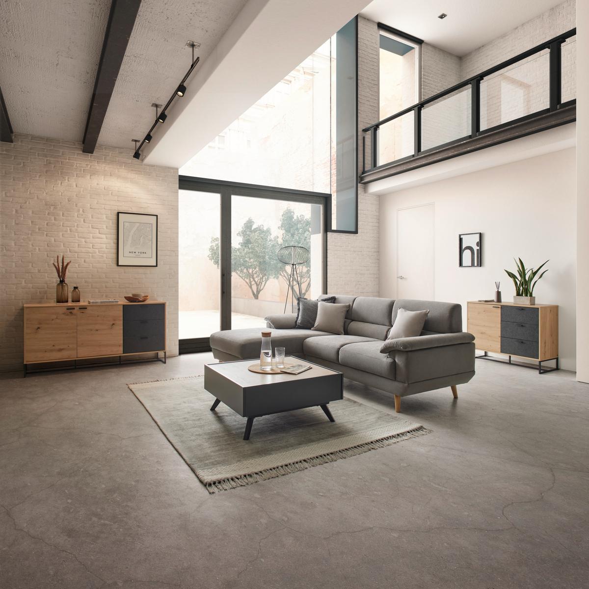 Komoda FOSCA - čierna/farba duba, Modern, kov (148,5/76/40cm) - Bessagi Home