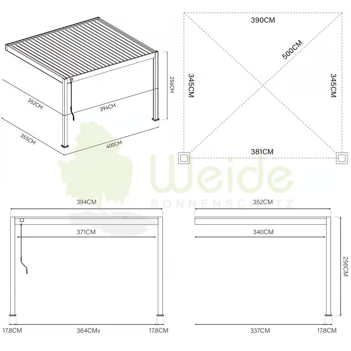 Pergola Deluxe 400x360cm Sturmfest, Gartenpavillon - Weiß, Basics, Metall (400/255/360cm) - WEIDE