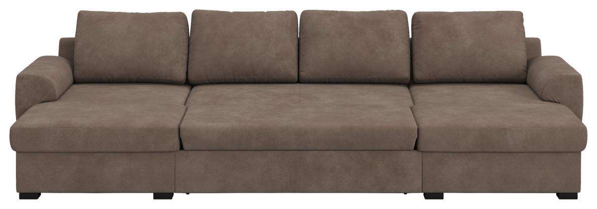 Wohnlandschaft m. Bettfunktion Mikrofaser taupe, B: 327cm - Taupe/Schwarz, Trend, Textil (154/327/86cm) - MID.YOU