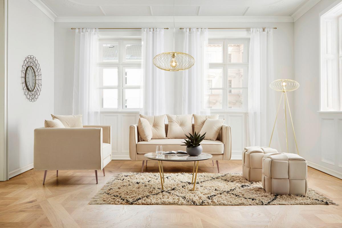 Dvoumístná pohovka LUIS, béžový samet - barva růžového zlata/béžová, Moderní, kov/dřevo (155/87/87cm) - Bessagi Home