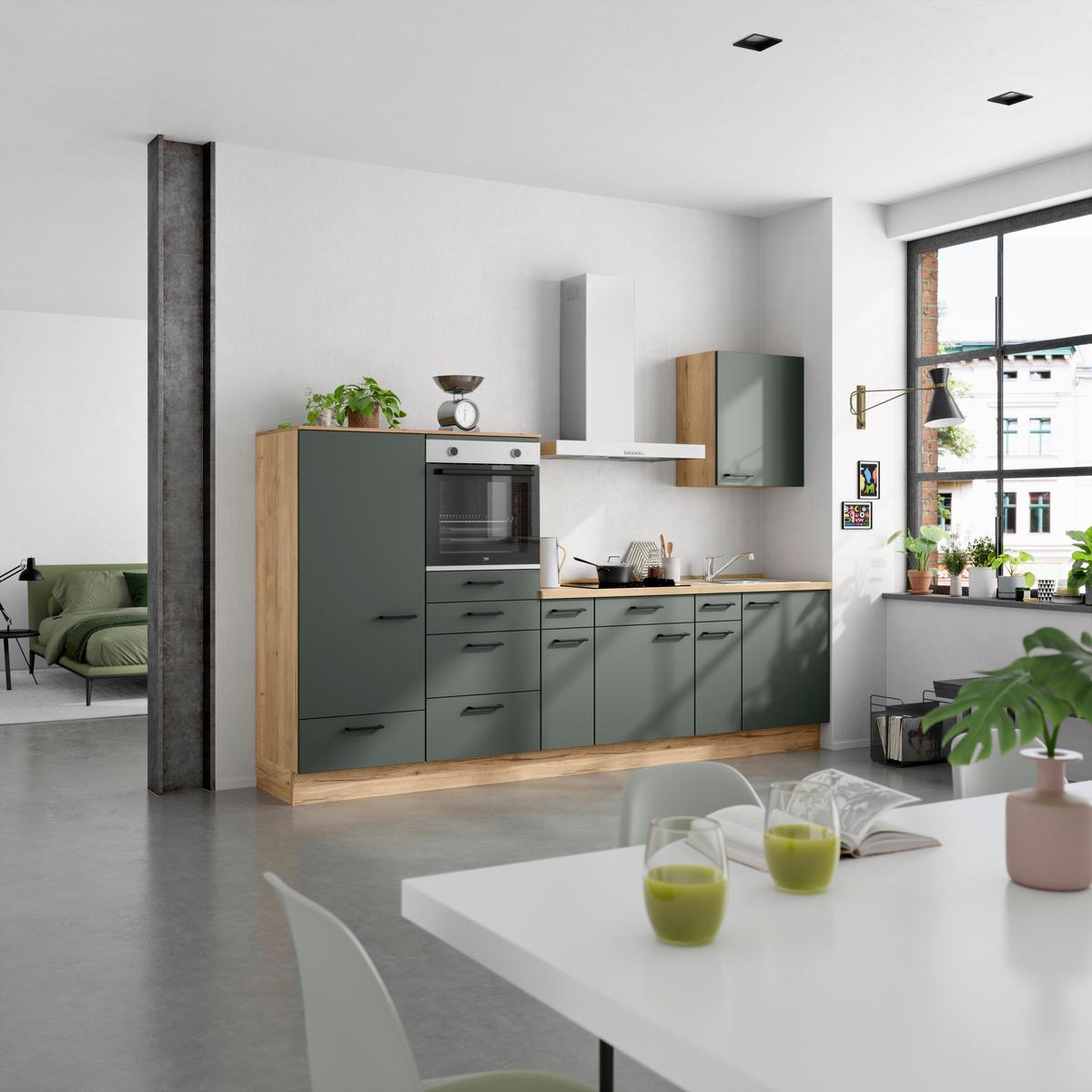 Küchenleerblock Easytouch Low-Line, L4 Links - Dunkelgrün/Eichefarben, MODERN, Holzwerkstoff (300cm) - Nobilia
