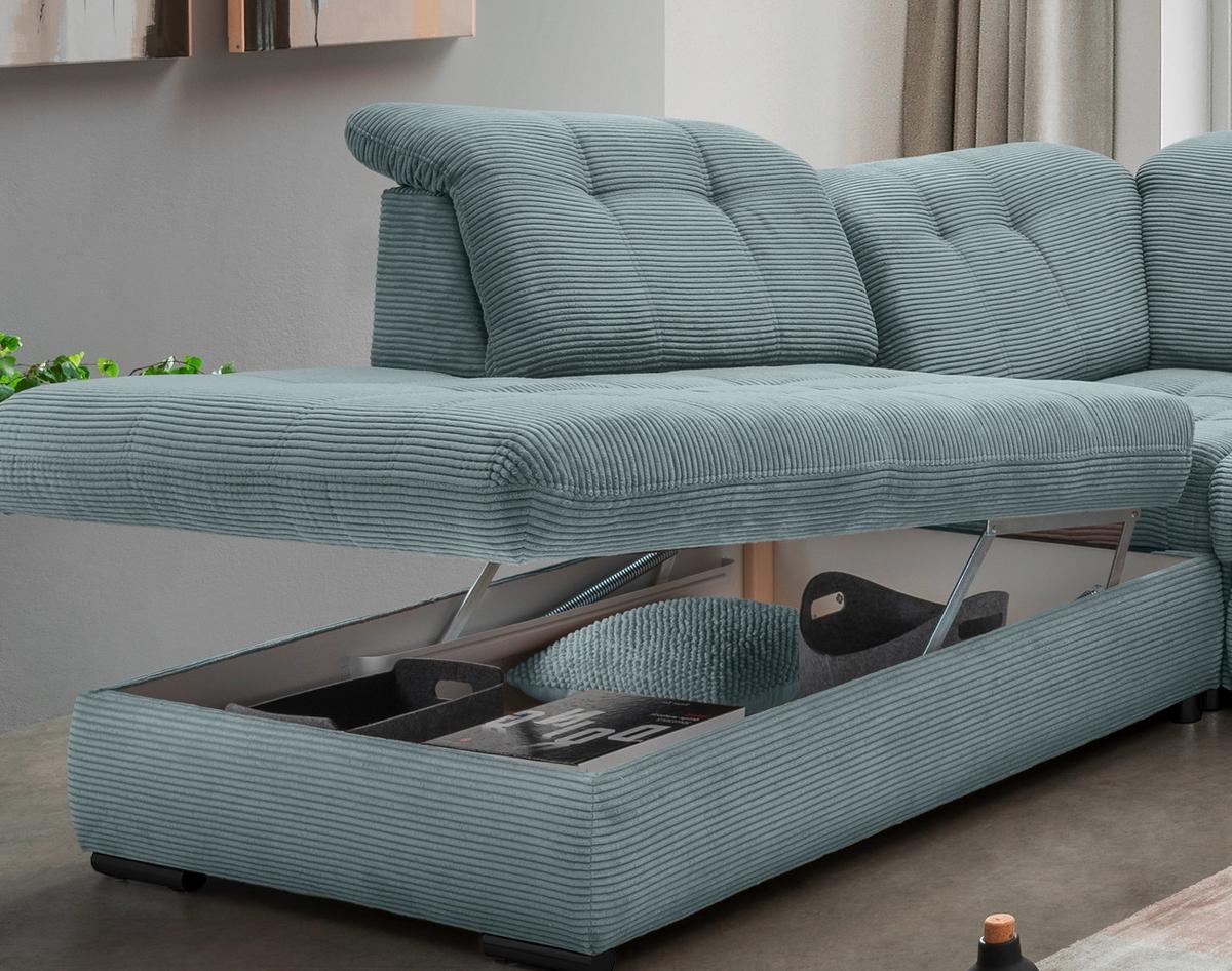 Wohnlandschaft Mit Bettkasten Rigatti Hellblau B: 387 Cm - Schwarz/Hellblau, MODERN, Textil (252/387/184cm) - Livetastic