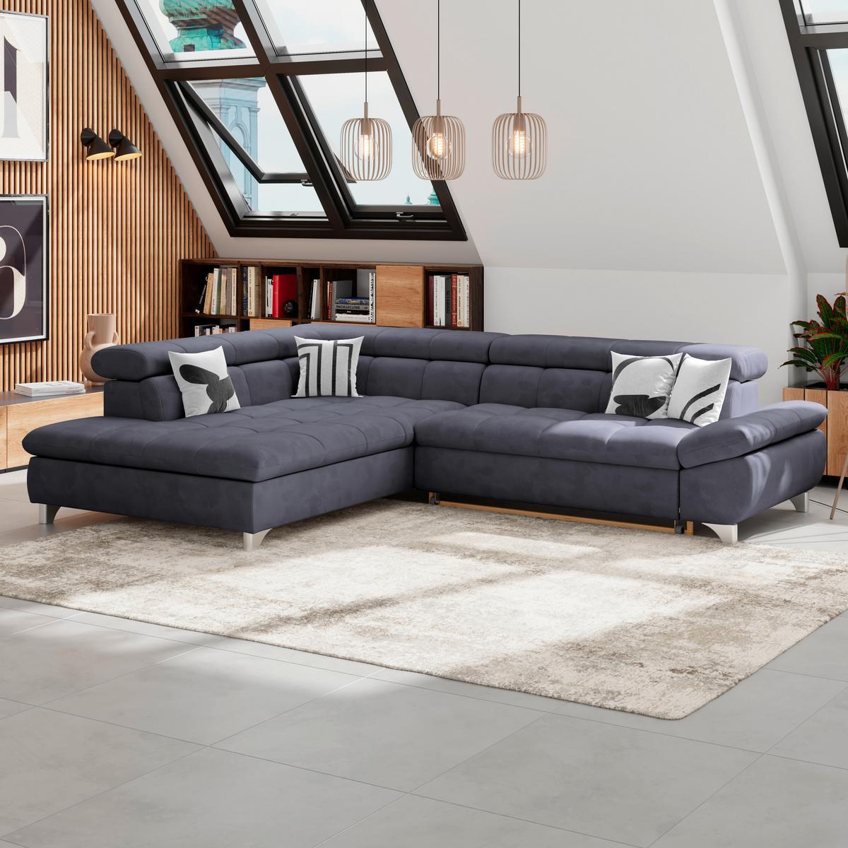 Eckbank Gemini Dunkelgrau, B: 234cm - Chromfarben/Dunkelblau, KONVENTIONELL, Textil (234/312cm)