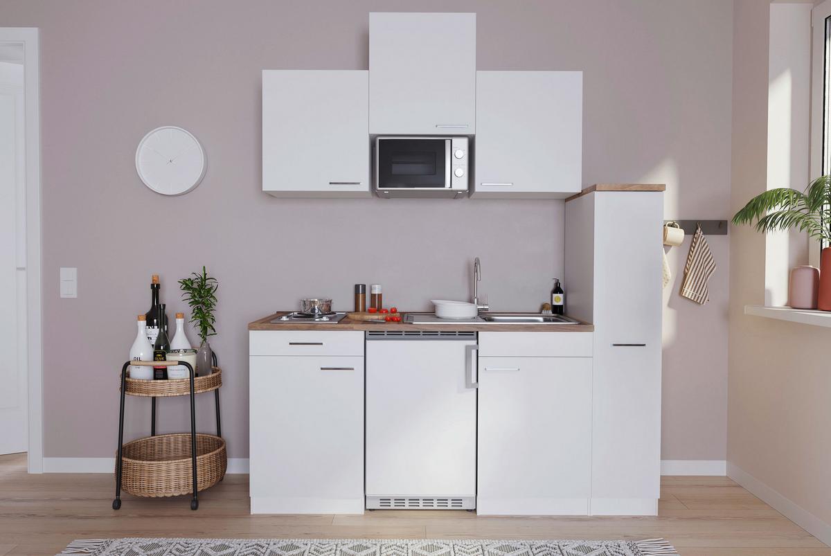 Küchenzeile Economy mit Geräten 180 cm Weiß/Nussbaum Dekor - Nussbaumfarben/Weiß, Basics, Holzwerkstoff (180cm) - Respekta