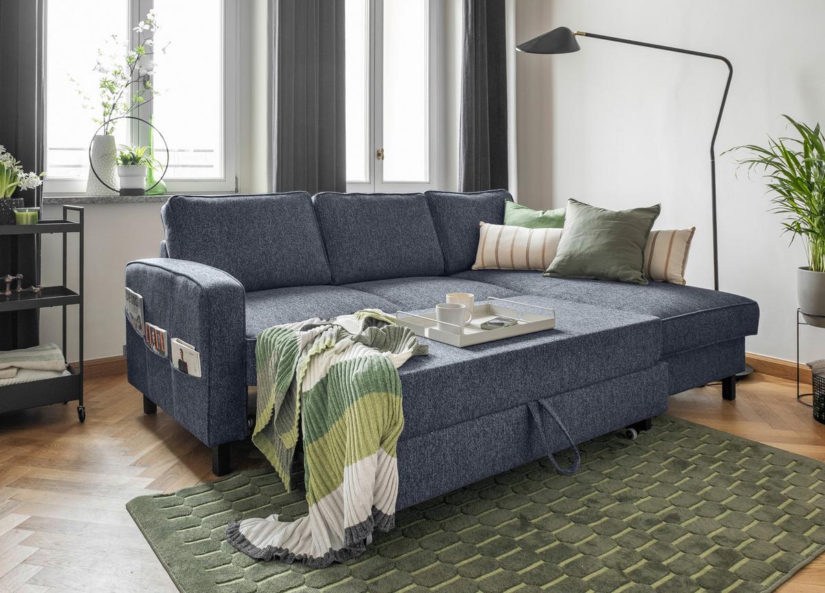 Ecksofa Molly Dunkelblau S: 228x148 cm - Schwarz/Dunkelblau, Textil (228/148cm) - MID.YOU