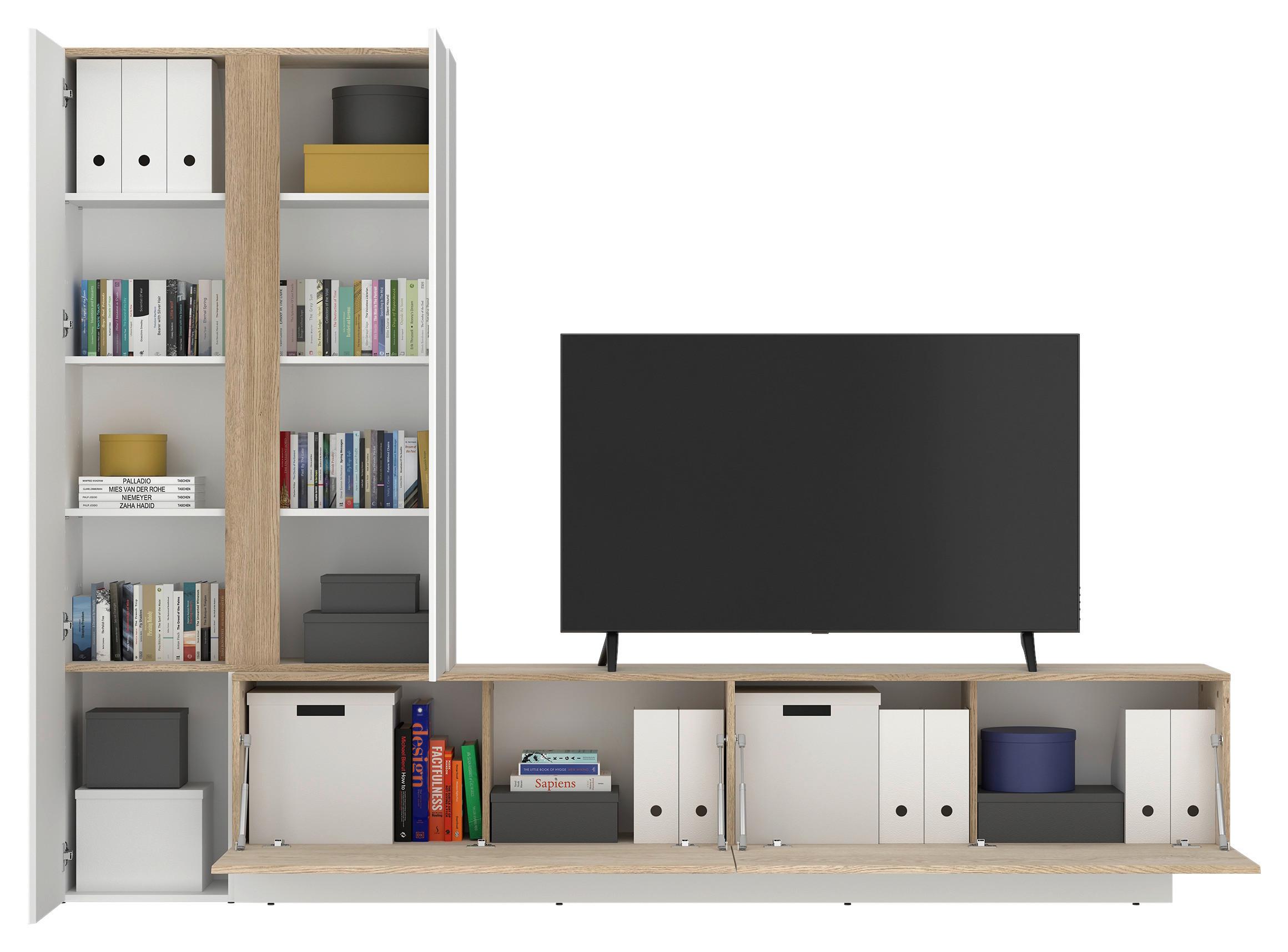 Obývací stěna MILAZZO - bílá/barvy dubu, Moderní, kompozitní dřevo/plast (260/190,5/39,6cm) - Modern Living